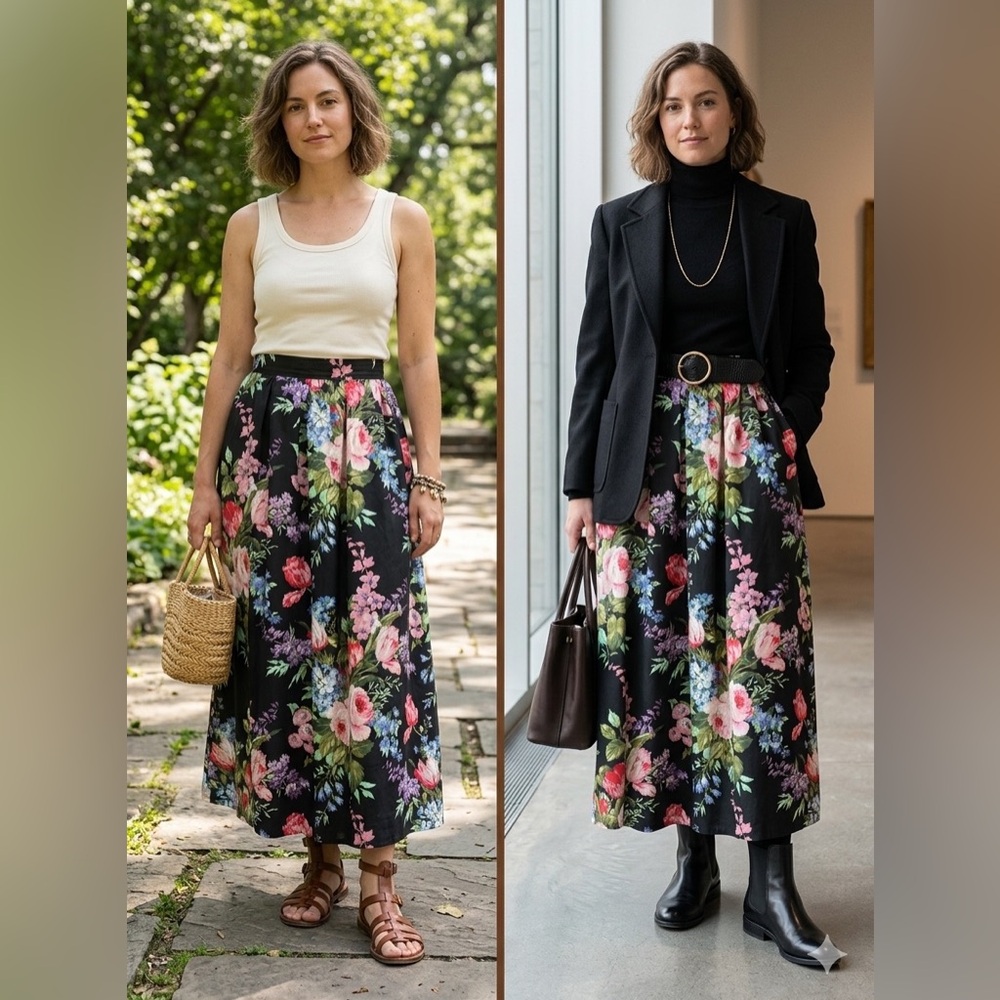 VTG 90s 100% cotton Pocketed Floral Maxi Skirt - Black skirt w/Floral Print